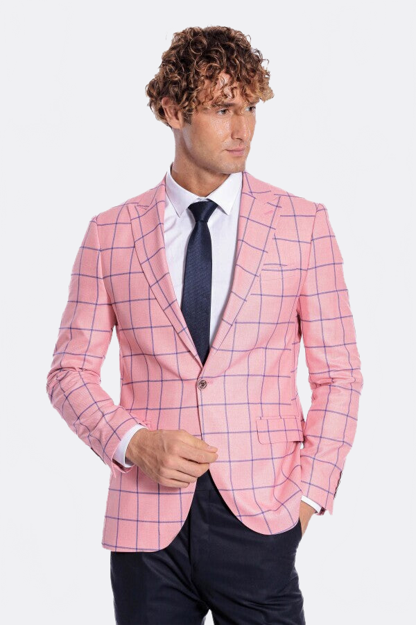 Blue Plaid Patterned Slim Fit Pink Men Blazer - Wessi