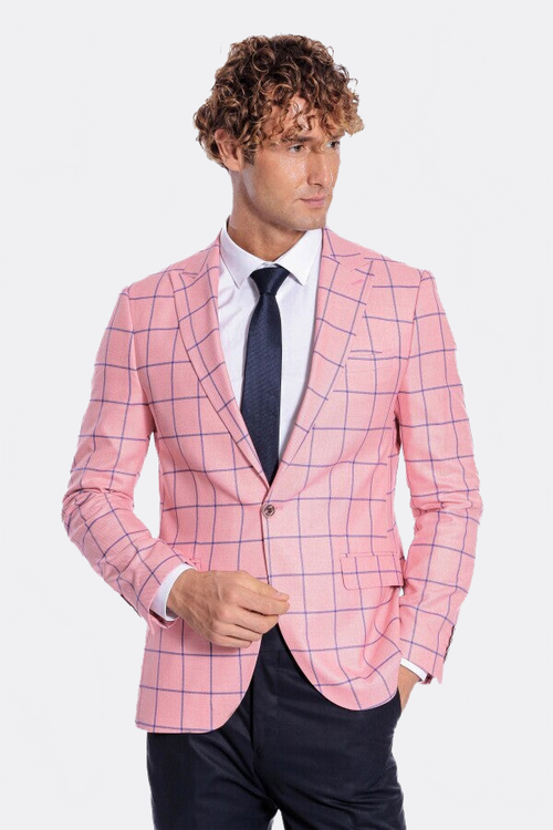 Blue Plaid Patterned Slim Fit Pink Men Blazer - Wessi