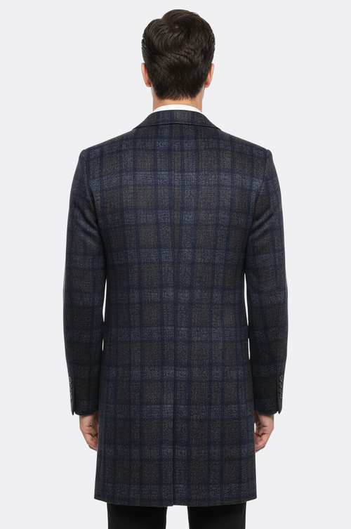 Plaid Over Knee Smoked Men Coat - Wessi