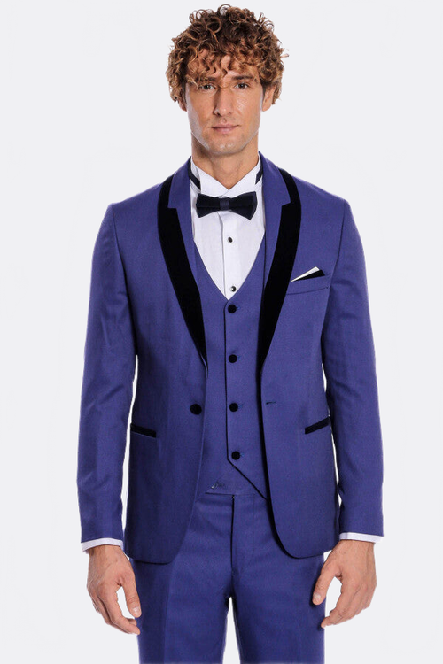 Patterned Velvet Lapel Blue Men Tuxedo - Wessi