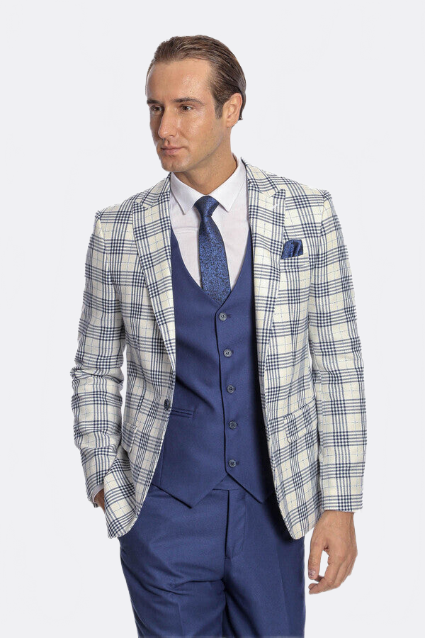 Checked Slim Fit Navy Blue Men Suit - Wessi