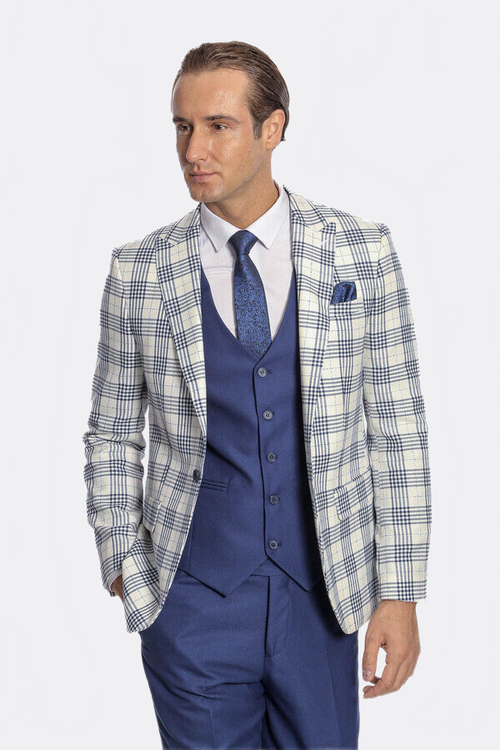 Checked Slim Fit Navy Blue Men Suit - Wessi