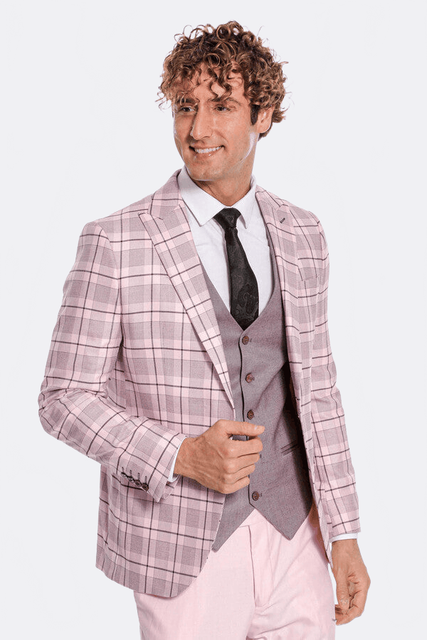 Checked Slim Fit Pink Men Suit - Wessi