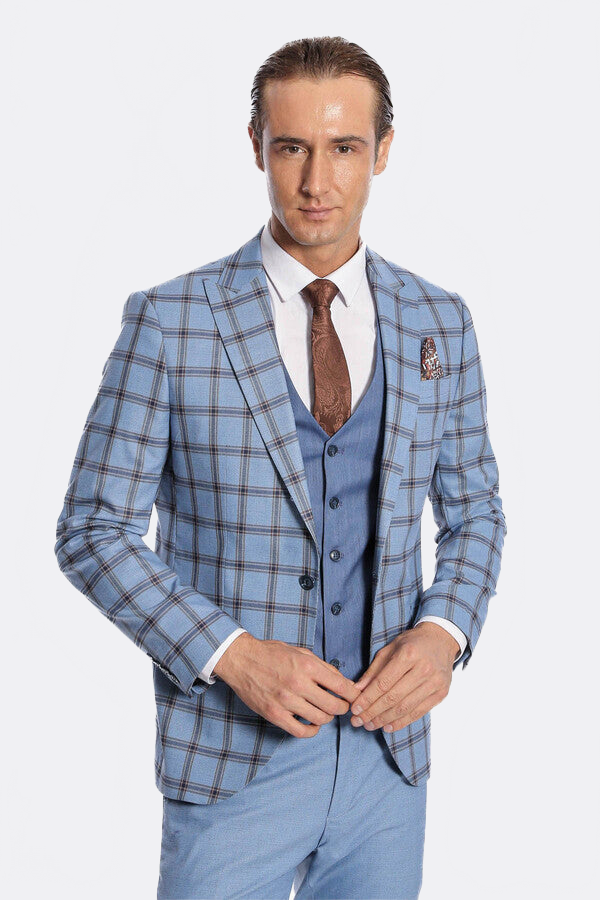 Checked Patterned Slim Fit Blue Men Suit - Wessi