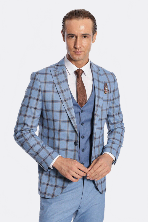 Checked Patterned Slim Fit Blue Men Suit - Wessi