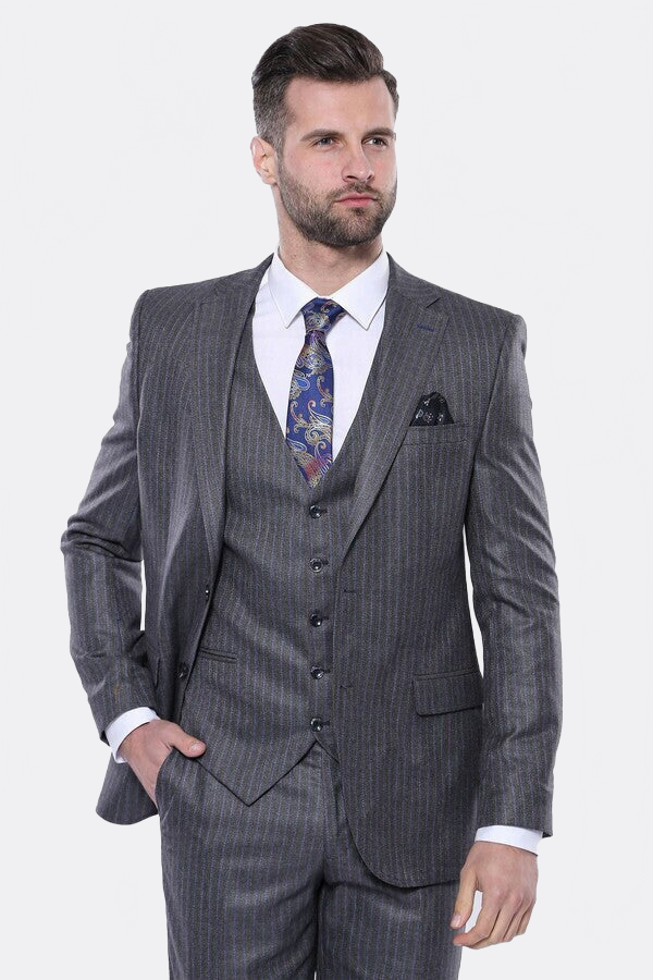 Striped Grey Vested Suit | Wessi - Wessi