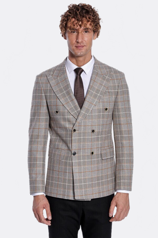 Checked Double Breasted Brown Men Blazer - Wessi