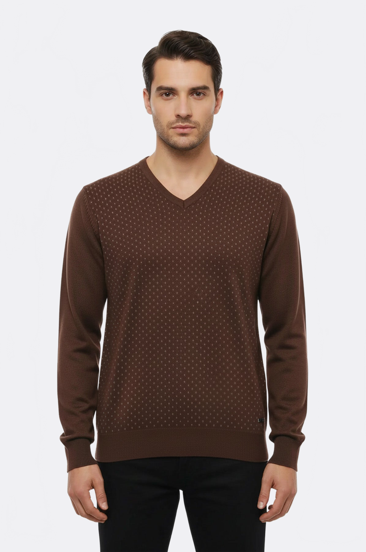 Light Brown Dot Patterned V Neck Sweater - Wessi