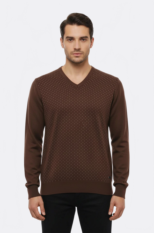 Light Brown Dot Patterned V Neck Sweater - Wessi