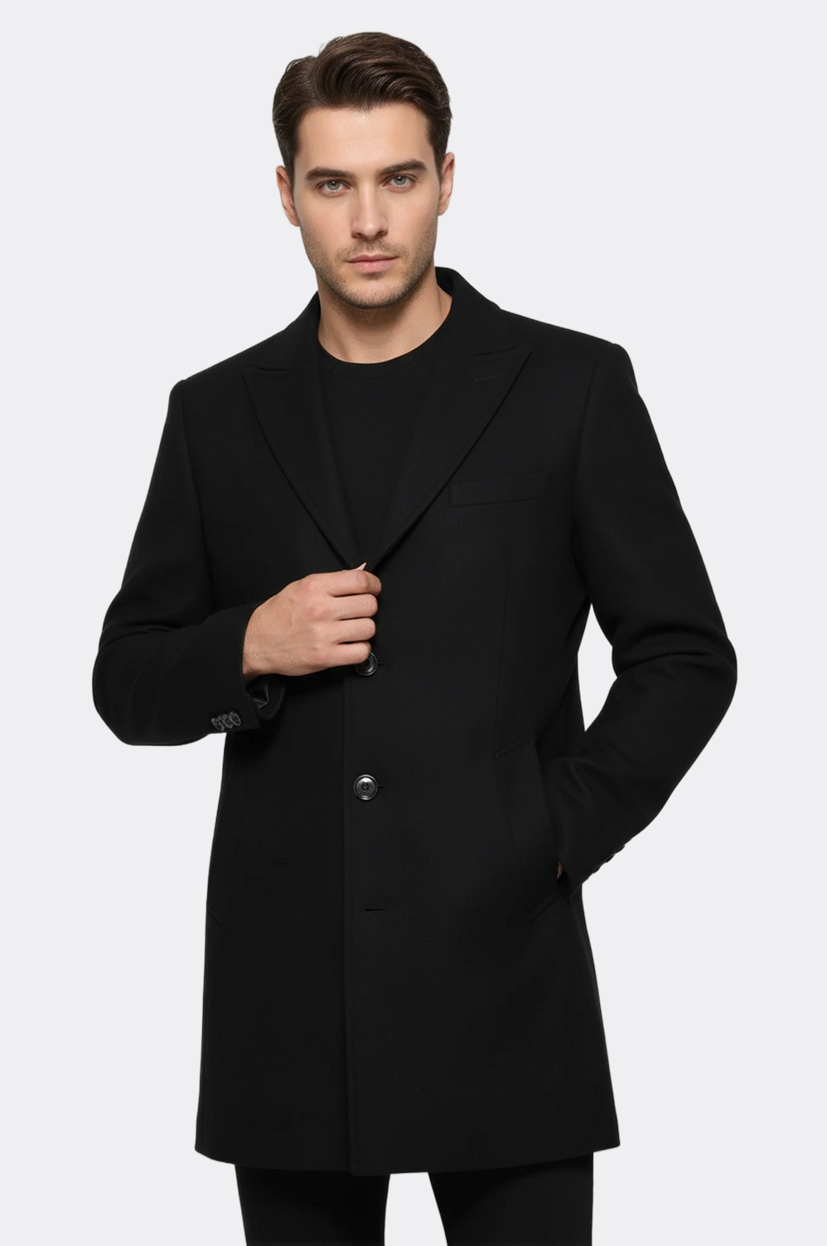 Wide Pointed Collar Over Knee Black Men Coat - Wessi