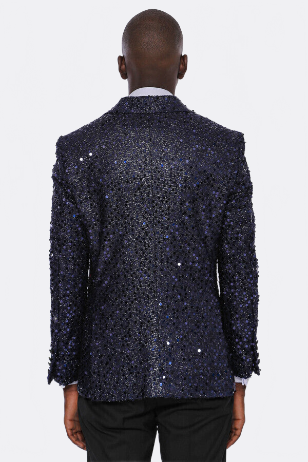 Navy Blue Sequin Patterned Party Blazer | Wessi