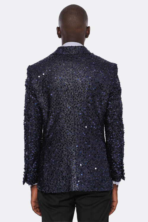 Navy Blue Sequin Patterned Party Blazer | Wessi