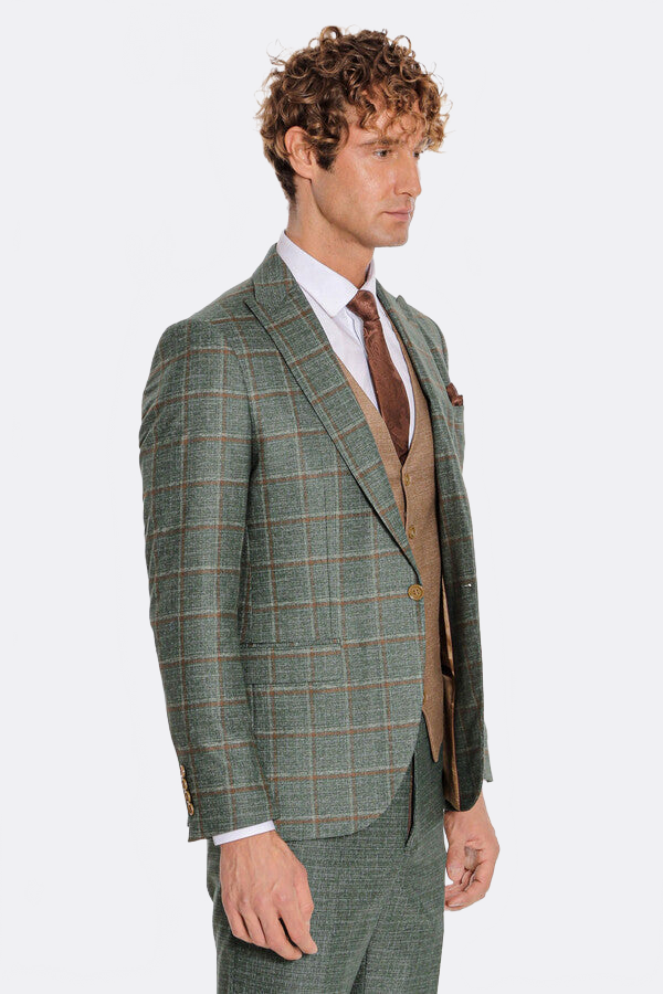 Slim Fit Checked Patterned Green Men Suit - Wessi