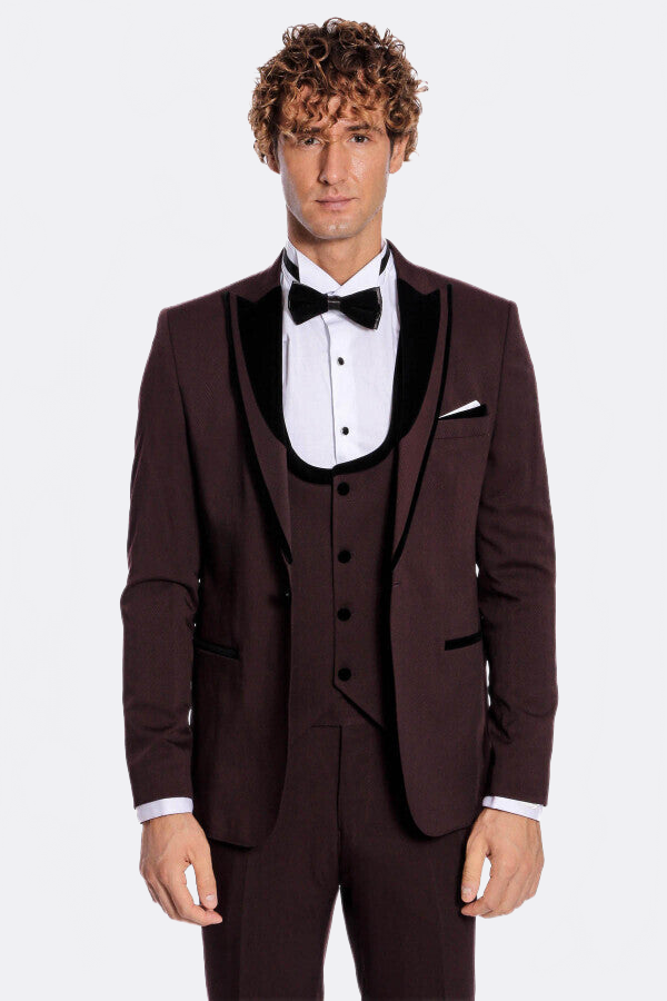 Velvet Lapel Vested Patterned Burgundy Men Tuxedo - Wessi