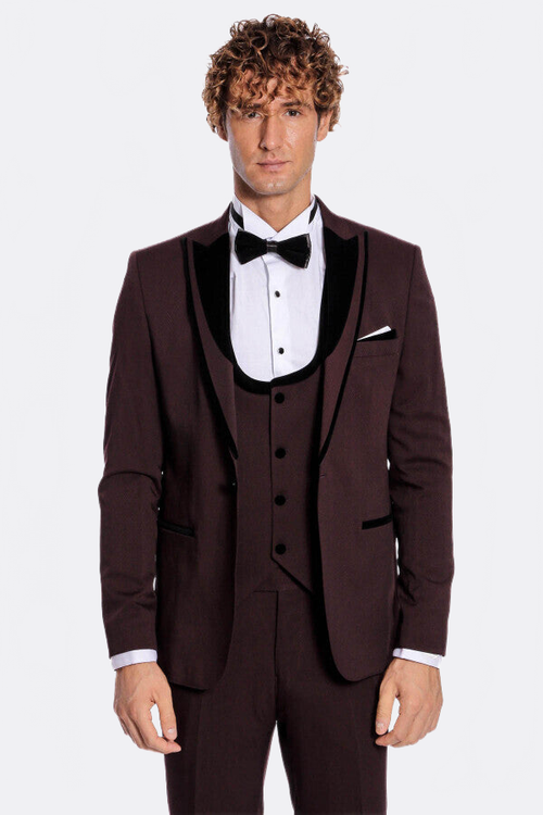 Velvet Lapel Vested Patterned Burgundy Men Tuxedo - Wessi