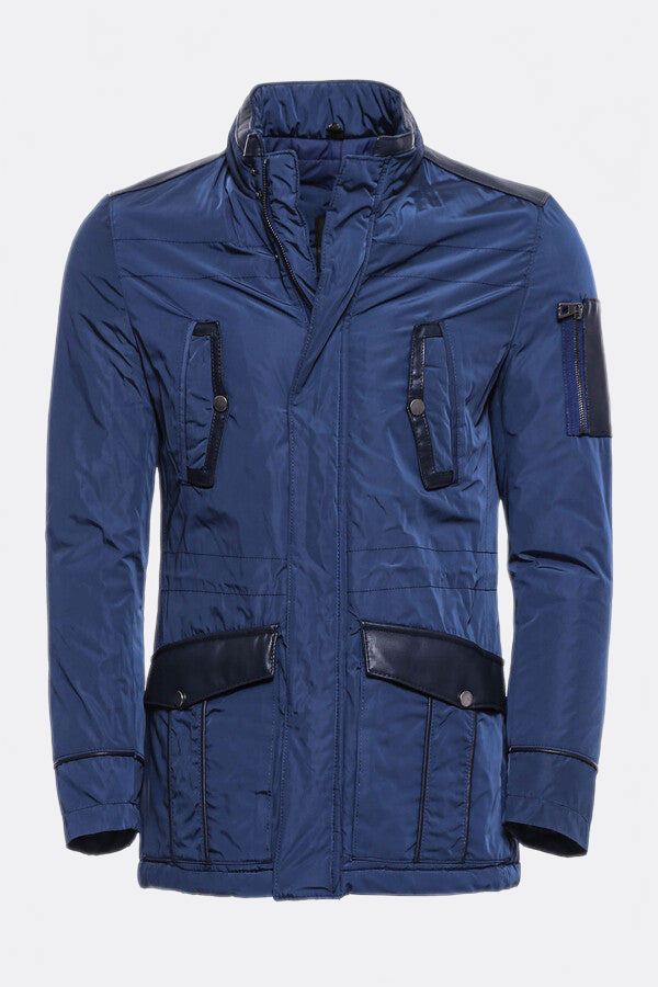 Leather Modeled Blue Slim Fit Quilted Jacket - Wessi