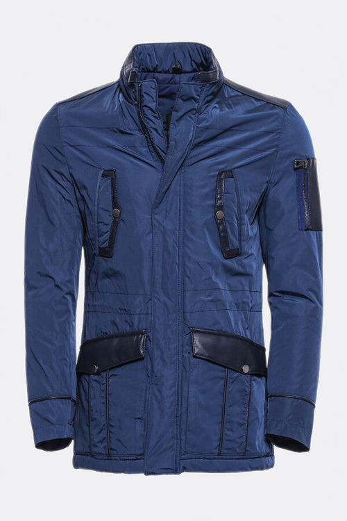 Leather Modeled Blue Slim Fit Quilted Jacket - Wessi