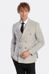 Wide Lapel Striped Double Breasted Grey Men Blazer - Wessi