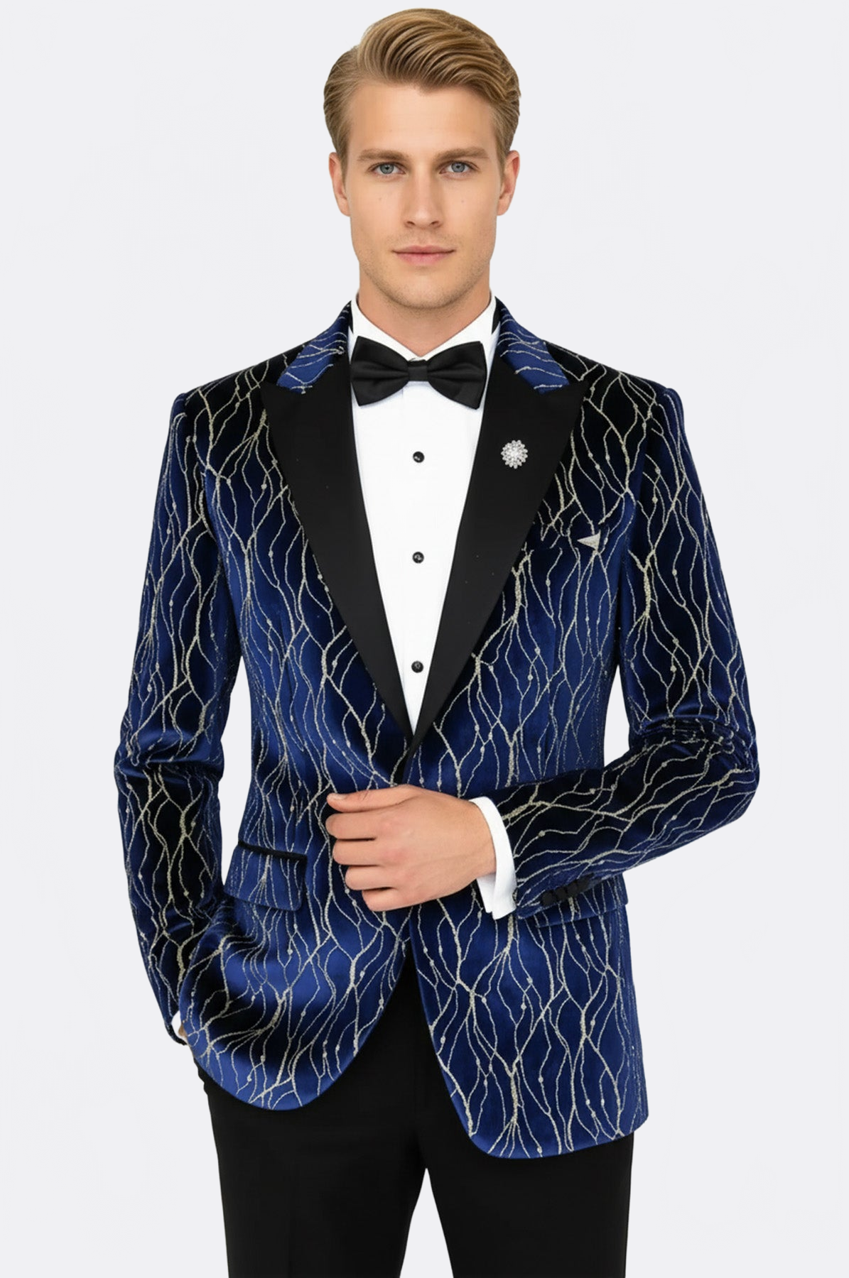 Gold Patterned Navy Blue Men Prom Blazer - Wessi