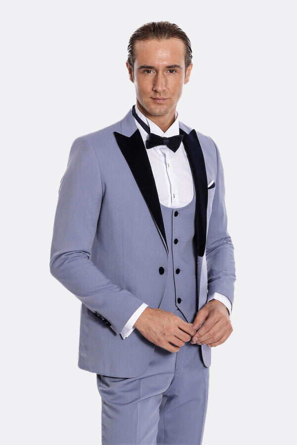 Velvet Lapel Slim Fit Light Blue Men Suit - Wessi