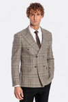 Double Breasted Checked Grey Men Blazer - Wessi