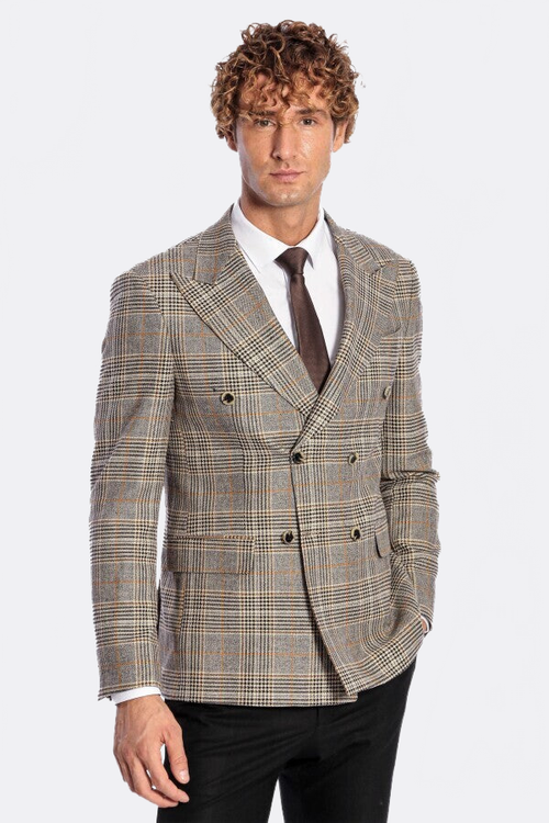 Double Breasted Checked Grey Men Blazer - Wessi