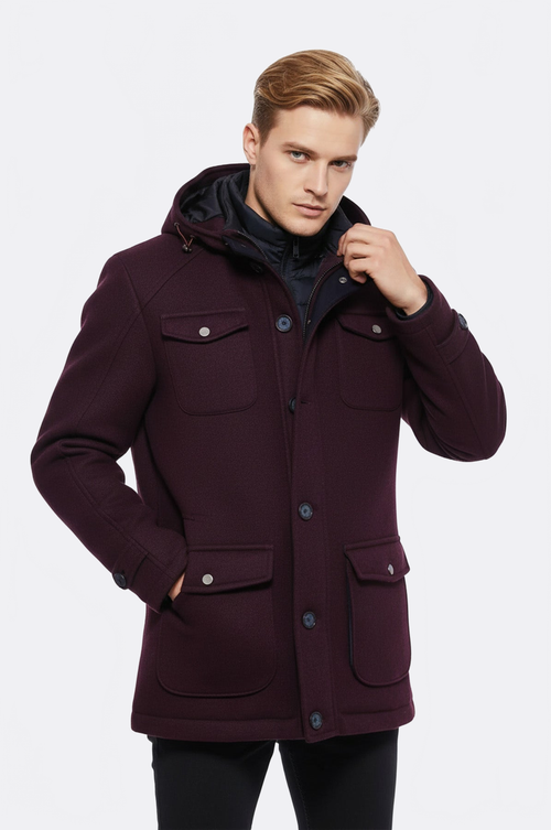 Claret Red Felt Hooded Coat - Wessi