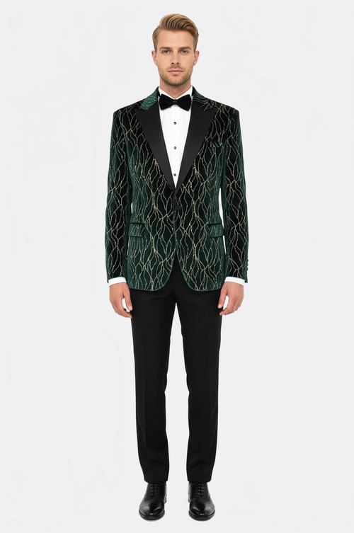 Patterned Dark Green Men Prom Blazer - Wessi