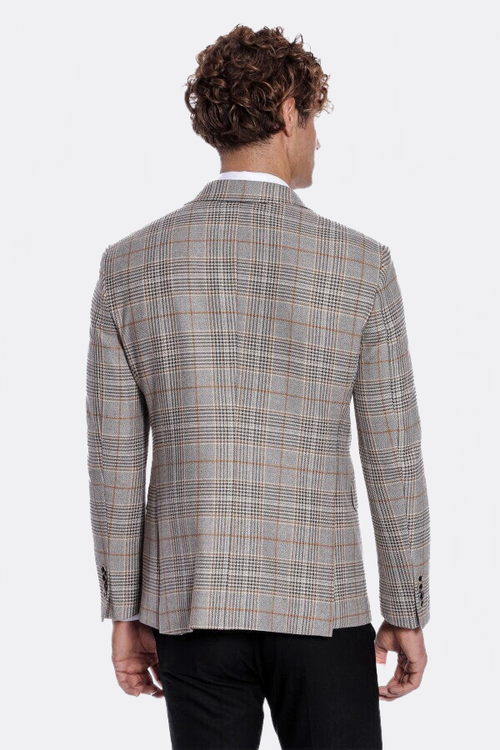 Checked Double Breasted Brown Men Blazer - Wessi