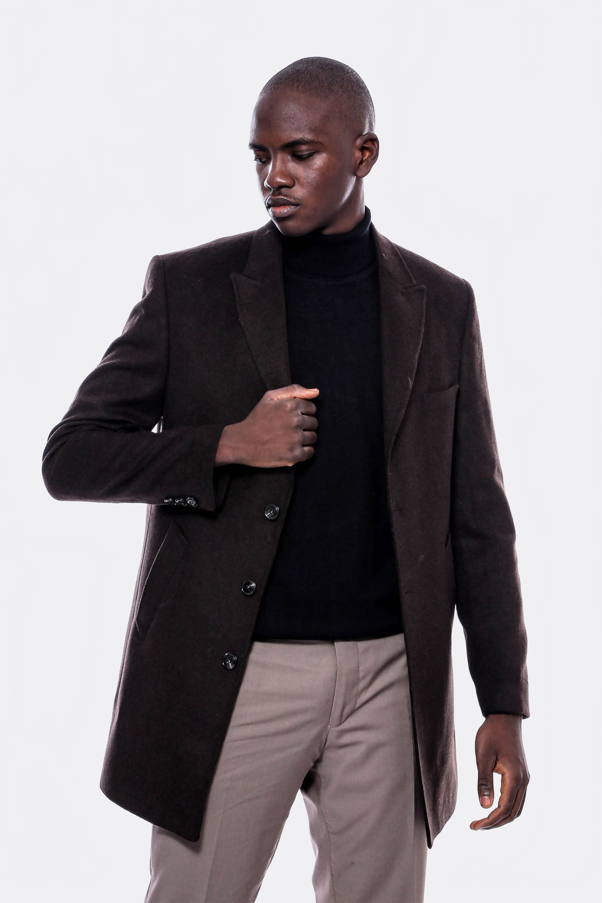 Wide Pointed Collar Over Knee Brown Men Coat - Wessi