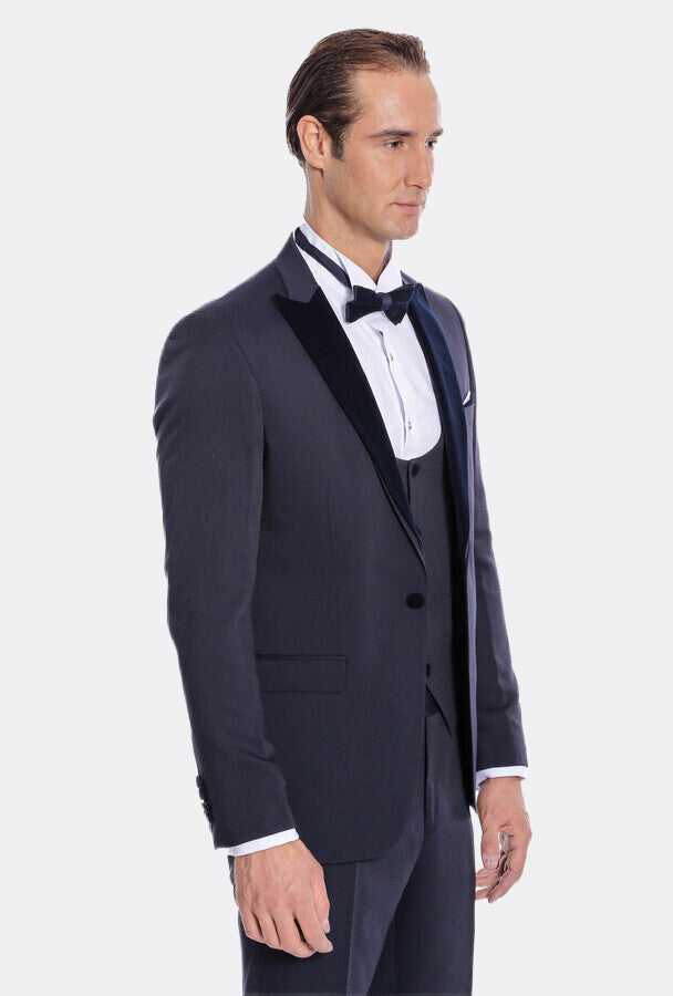 Velvet Lapel Slim Fit Navy Blue Men Tuxedo - Wessi