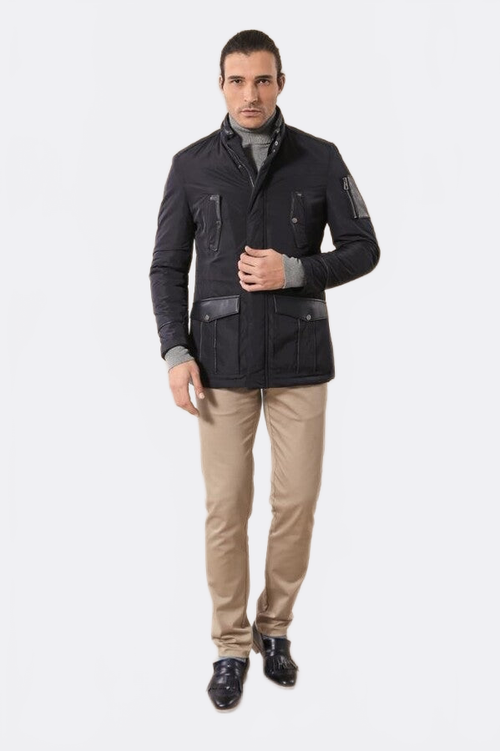 Leather Modeled Navy Blue Slim Fit Quilted Jacket - Wessi