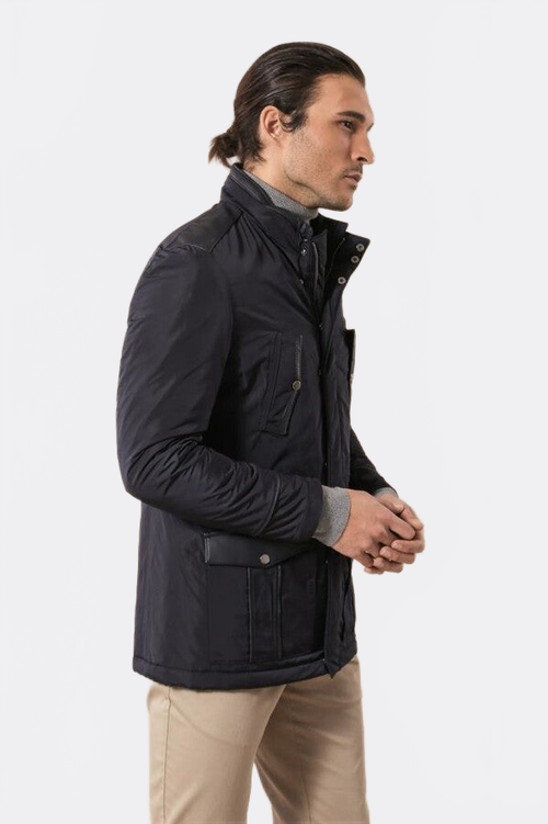 Leather Modeled Navy Blue Slim Fit Quilted Jacket - Wessi