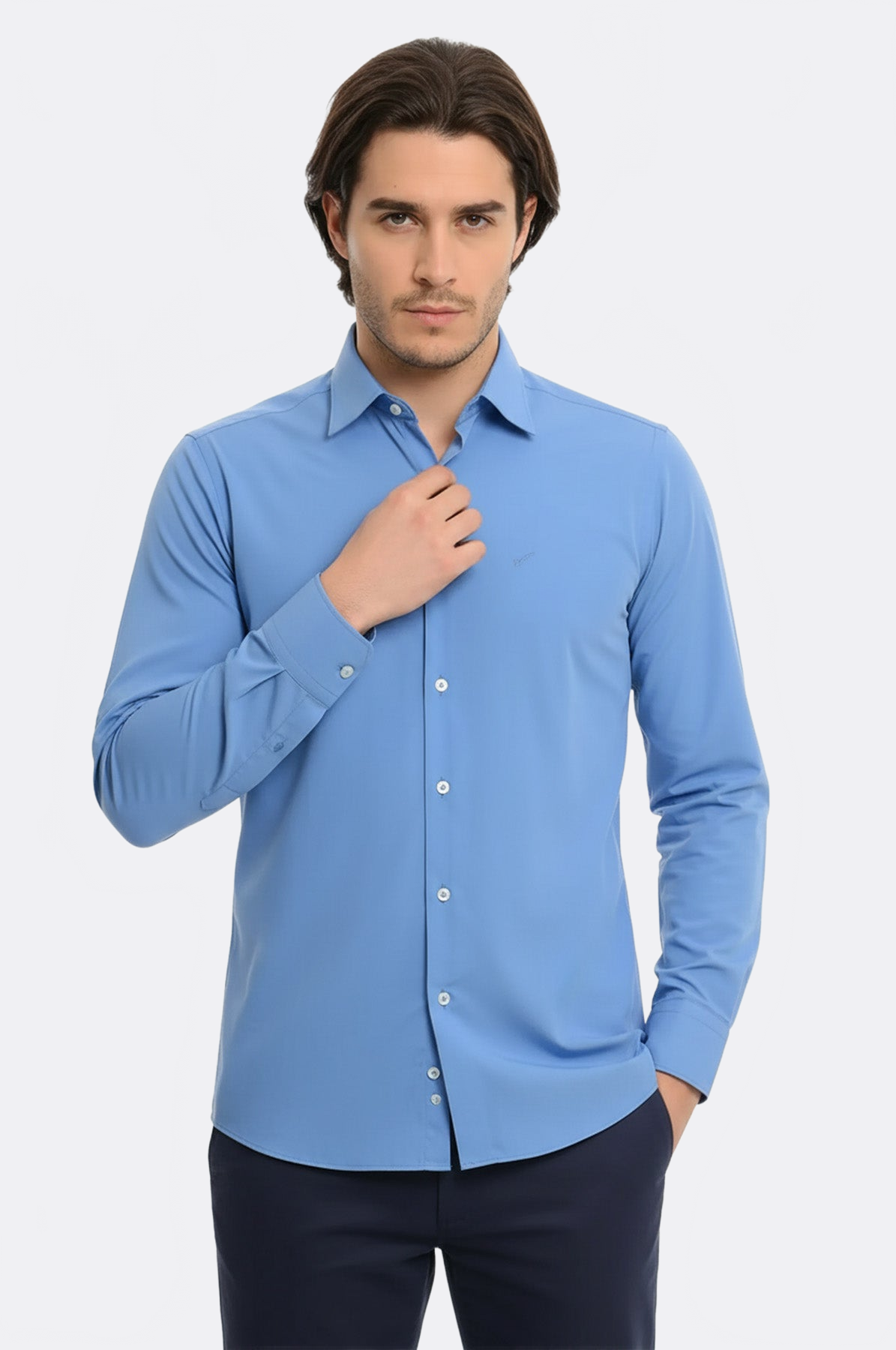 Plain Cotton Satin Blue Shirt - Wessi