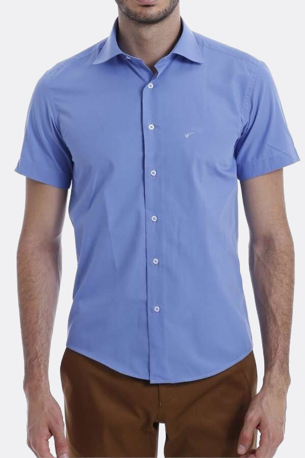 Short Sleeve Poly Cotton Slim Fit Blue Men Shirt - Wessi