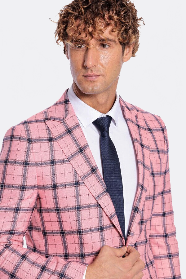 Plaid Slim Fit Pink Men Blazer - Wessi