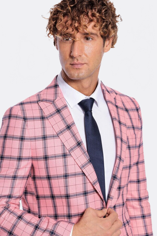 Plaid Slim Fit Pink Men Blazer - Wessi