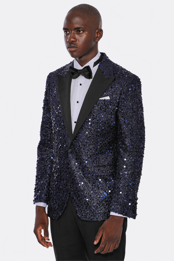 Navy Blue Sequin Patterned Party Blazer | Wessi