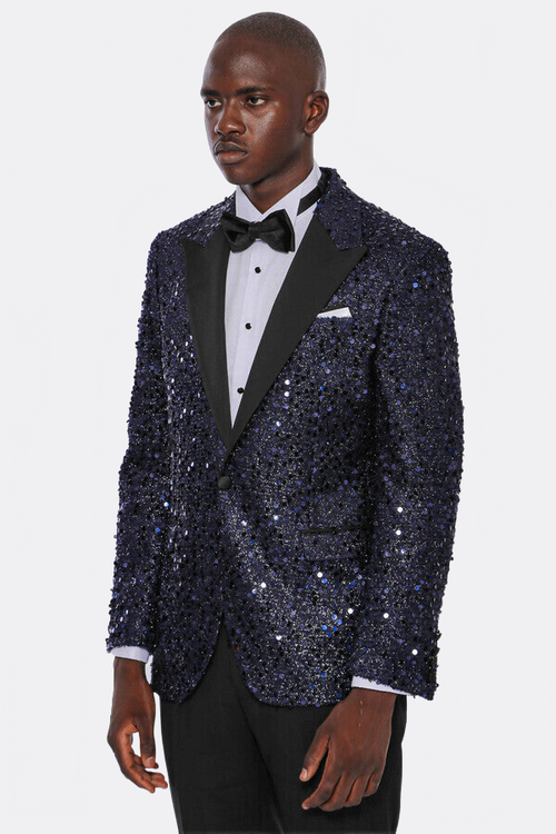 Navy Blue Sequin Patterned Party Blazer | Wessi