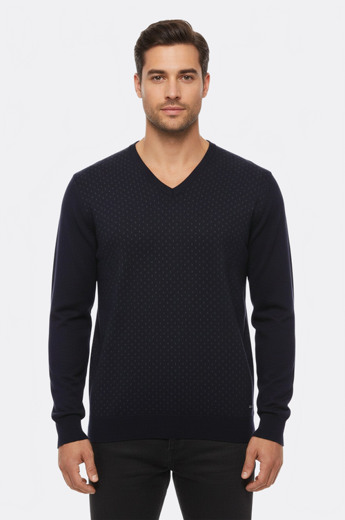 Dot Patterned V Neck Navy Blue Sweater - Wessi