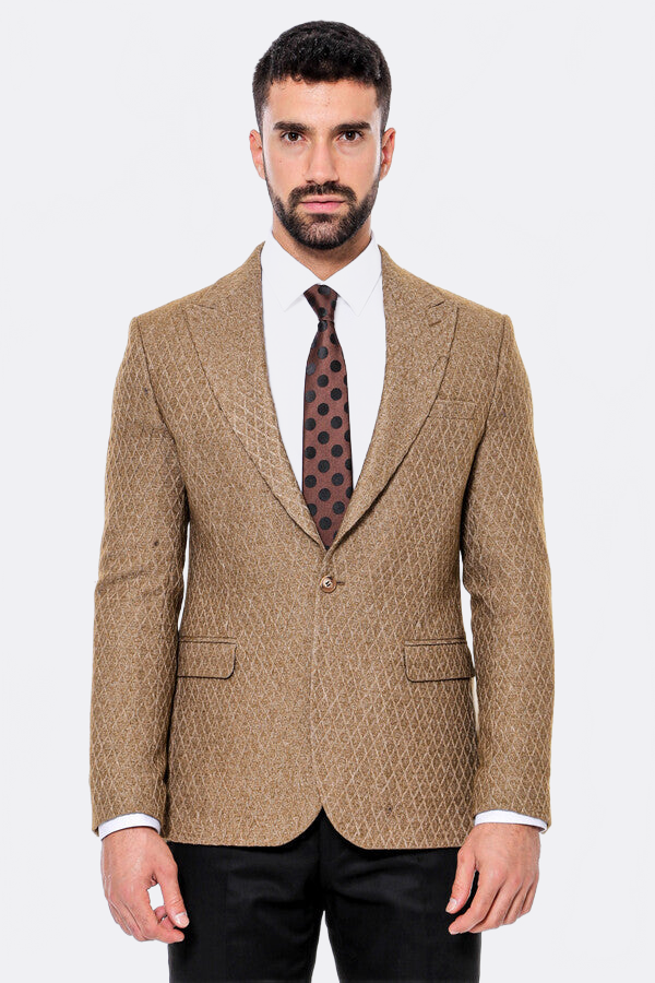 Wool Patterned Slim Fit Light Brown Men Blazer - Wessi