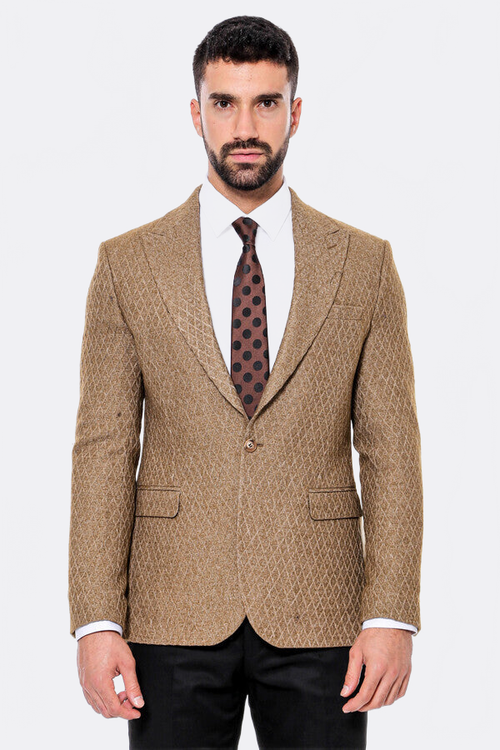 Wool Patterned Slim Fit Light Brown Men Blazer - Wessi