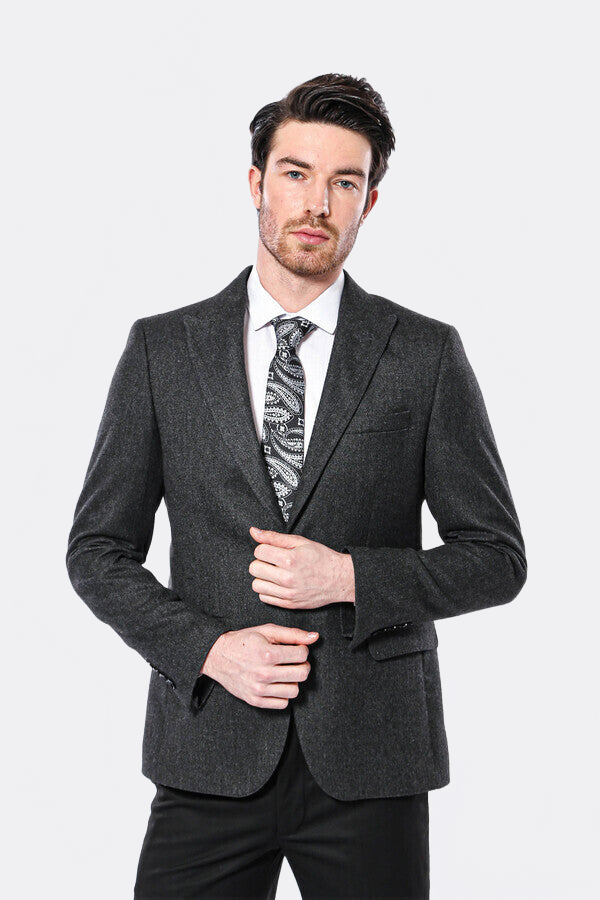 Peak Lapel Dark Grey Blazer - Wessi