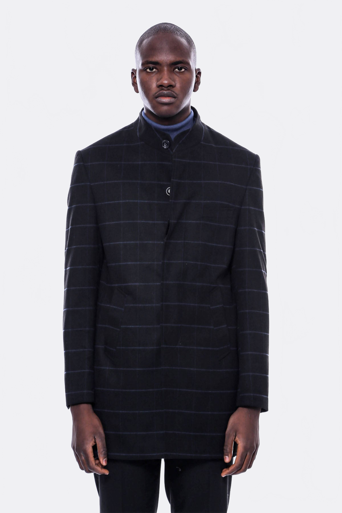Mandarin Collar Black Checked Coat - Wessi