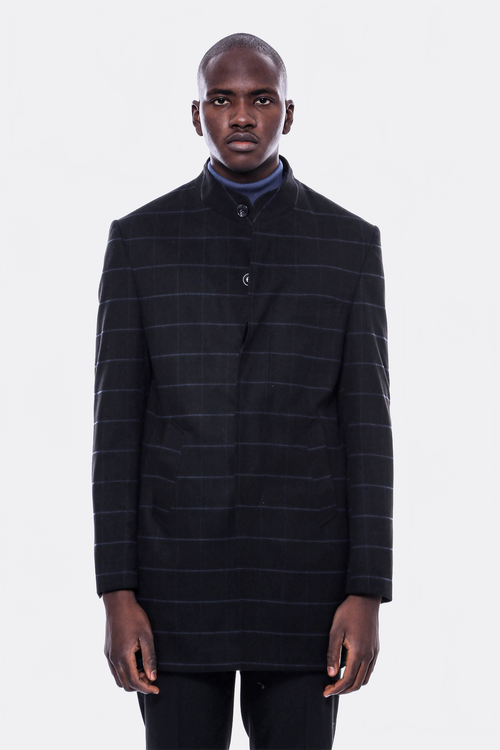 Mandarin Collar Black Checked Coat - Wessi