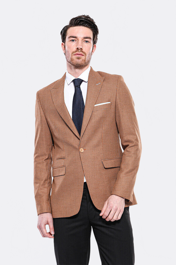 Patterned Orange Slim-Fit Blazer - Wessi