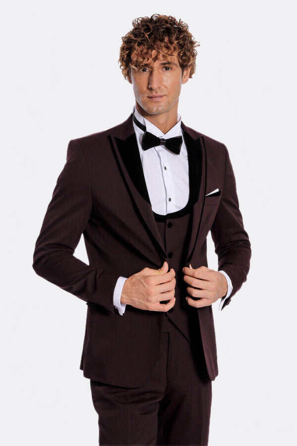 Velvet Lapel Vested Patterned Burgundy Men Tuxedo - Wessi