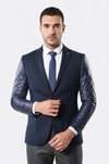 Leathered Sleeve Quilted Navy Blue Cache Blazer - Wessi