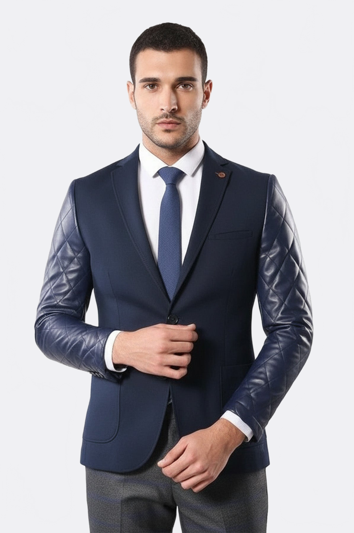 Leathered Sleeve Quilted Navy Blue Cache Blazer - Wessi