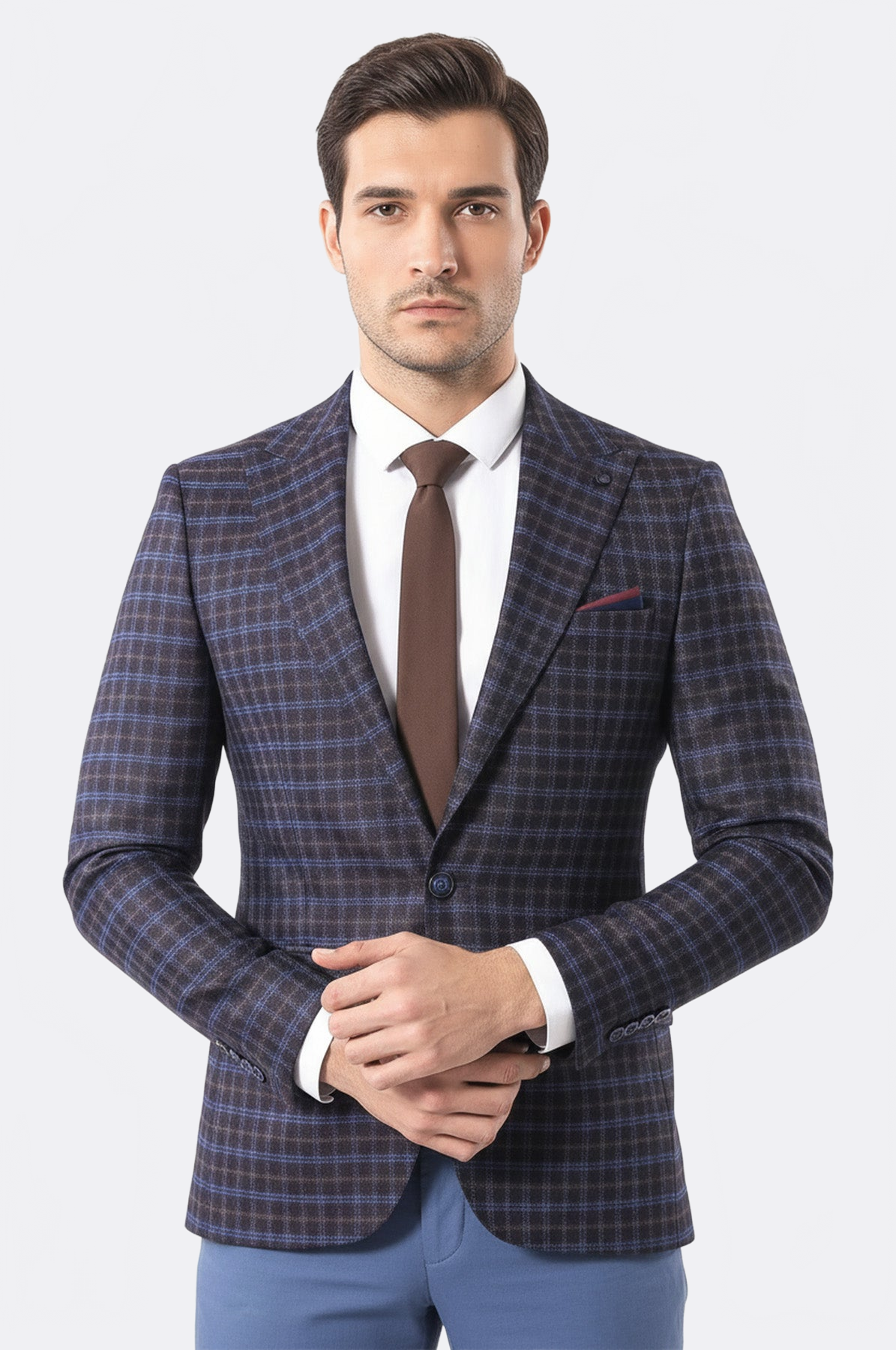 Double Breasted Plaid Burgundy Blazer - Wessi